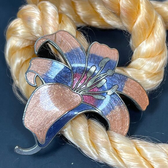 VTG Orange Purple Metal Enamel Tiger Lily Flower Pendant Twisted Cord Necklace - Picture 3 of 10